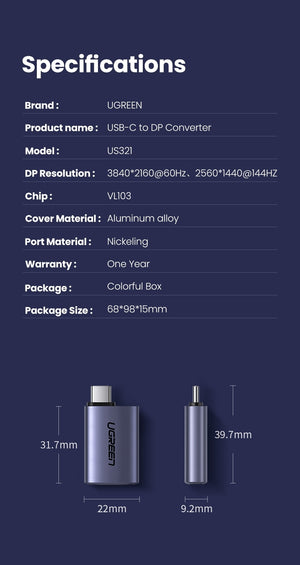 70451 USB-C Male to DP Female Adapter | Aluminium Case | 4K/2K 60Hz | Dark Gray
