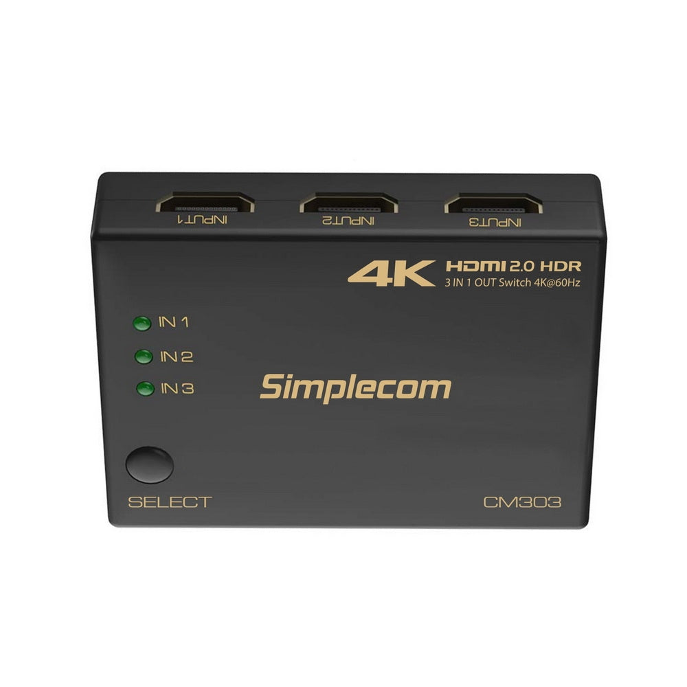 Simplecom CM303 Ultra HD 3-Way HDMI Switch | 3 In 1 Out Splitter | 4K @60Hz