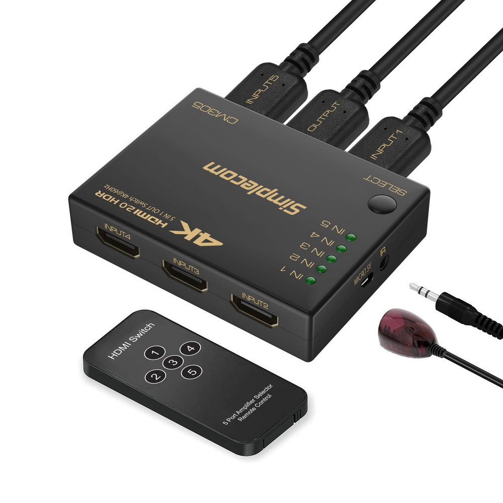 Simplecom CM305 Ultra HD 5-Way HDMI Switch | 5 In 1 Out Splitter | 4K @60Hz