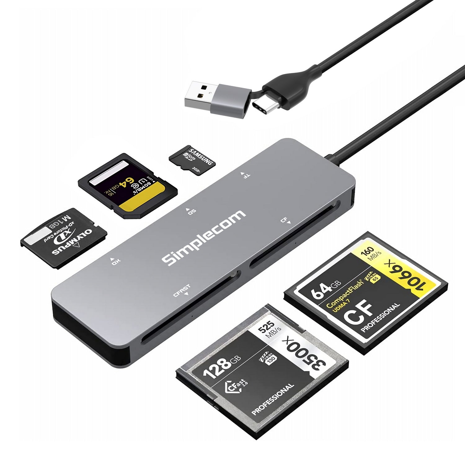 Simplecom CR407 5-Slot SuperSpeed USB 3.0 & USB-C | CFast/CF/XD/SD/MicroSD Card Reader