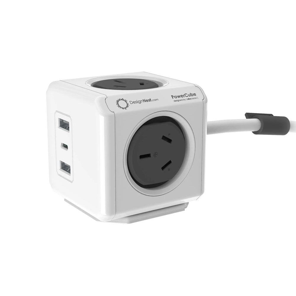 Allocacoc PowerCube Extended | 4 Outlets, 2 USB-A + 1 USB-C PD 20W | Surge Protection | 1.5M | Grey
