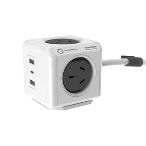 Allocacoc PowerCube Extended | 4 Outlets, 2 USB-A + 1 USB-C PD 20W | Surge Protection | 1.5M | Grey