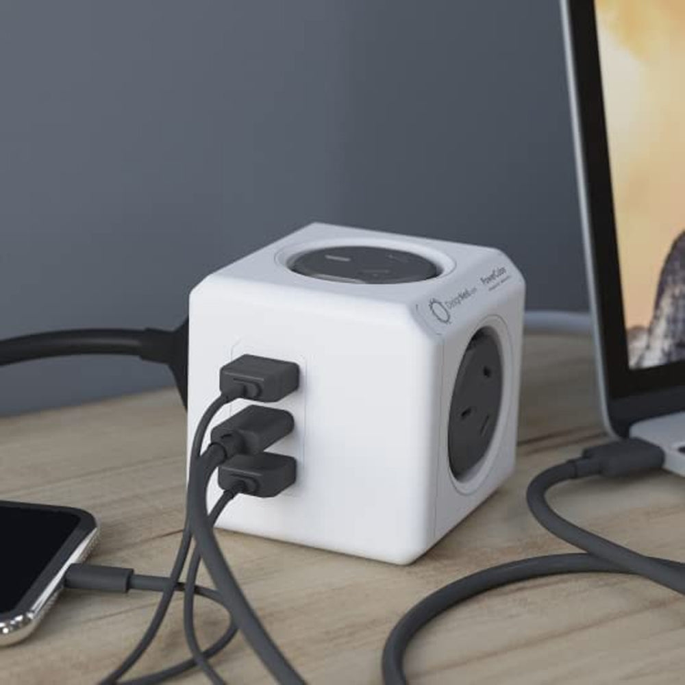 Allocacoc PowerCube Extended | 4 Outlets, 2 USB-A + 1 USB-C PD 20W | Surge Protection | 1.5M | Grey