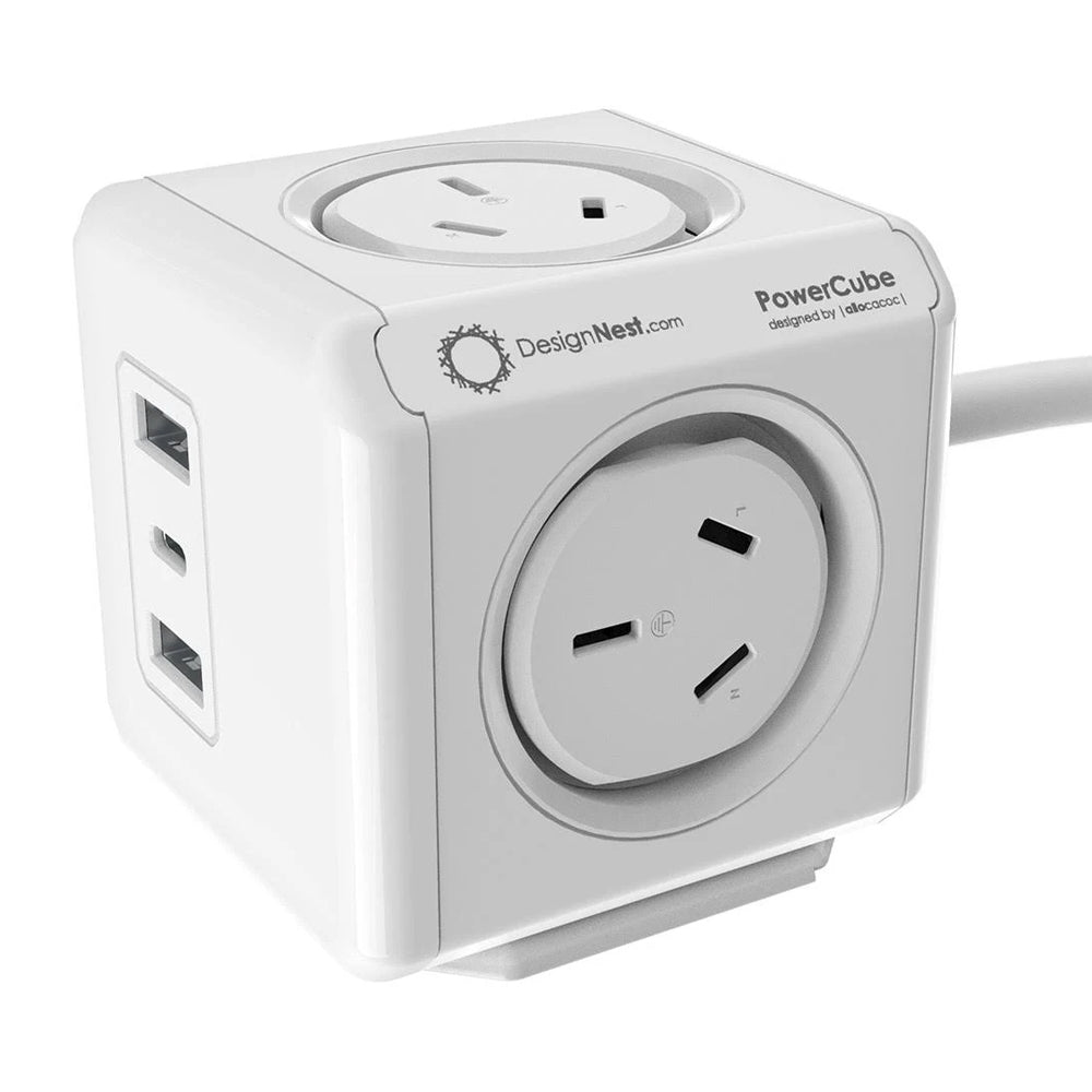 Allocacoc PowerCube Extended | 4 Outlets, 2 USB-A + 1 USB-C PD 20W | Surge Protection | 1.5M | White