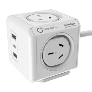 Allocacoc PowerCube Extended | 4 Outlets, 2 USB-A + 1 USB-C PD 20W | Surge Protection | 1.5M | White