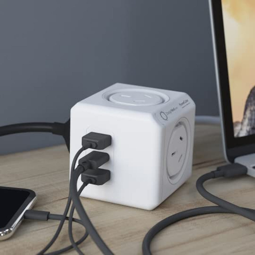 Allocacoc PowerCube Extended | 4 Outlets, 2 USB-A + 1 USB-C PD 20W | Surge Protection | 1.5M | White