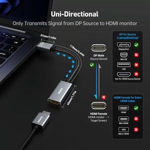 4K DisplayPort to HDMI Adapter | 2K 60Hz, 1080p 120Hz | Uni-Directional | DisplayPort to HDMI Converter
