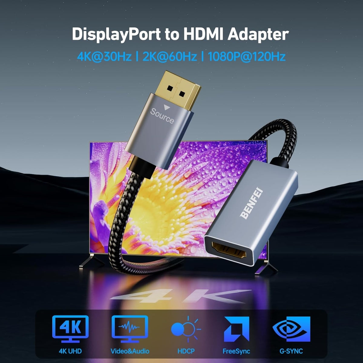 4K DisplayPort to HDMI Adapter | 2K 60Hz, 1080p 120Hz | Uni-Directional | DisplayPort to HDMI Converter