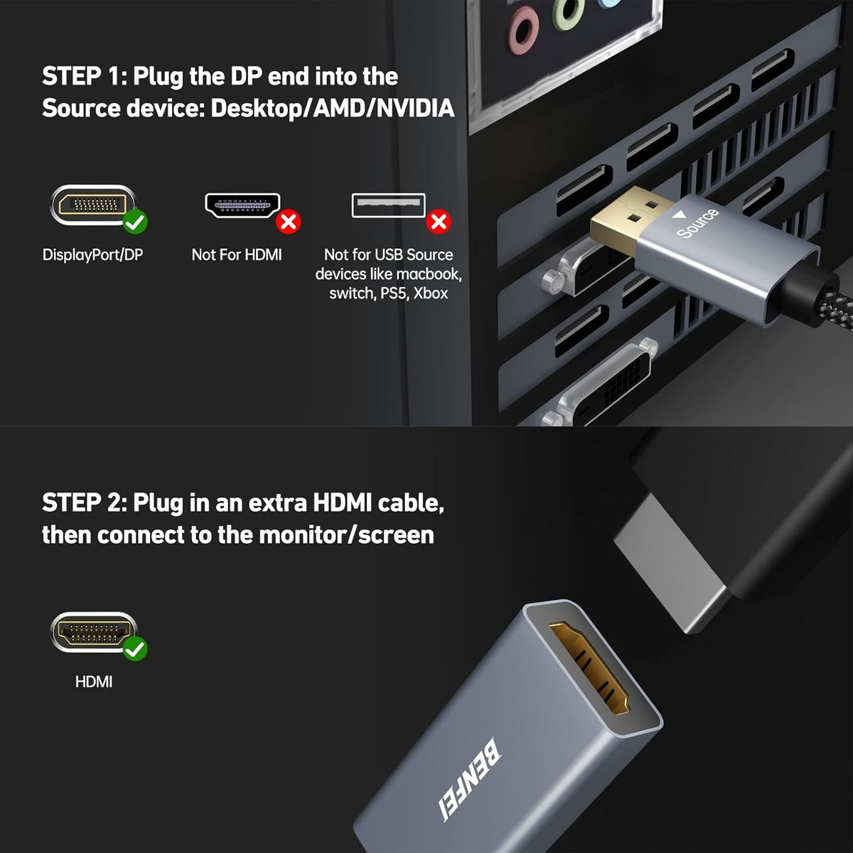 4K DisplayPort to HDMI Adapter | 2K 60Hz, 1080p 120Hz | Uni-Directional | DisplayPort to HDMI Converter