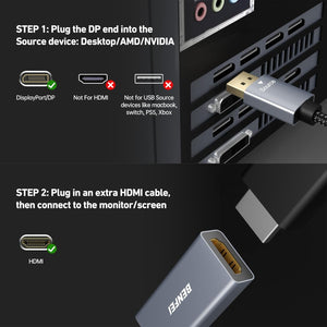 4K DisplayPort to HDMI Adapter | 2K 60Hz, 1080p 120Hz | Uni-Directional | DisplayPort to HDMI Converter