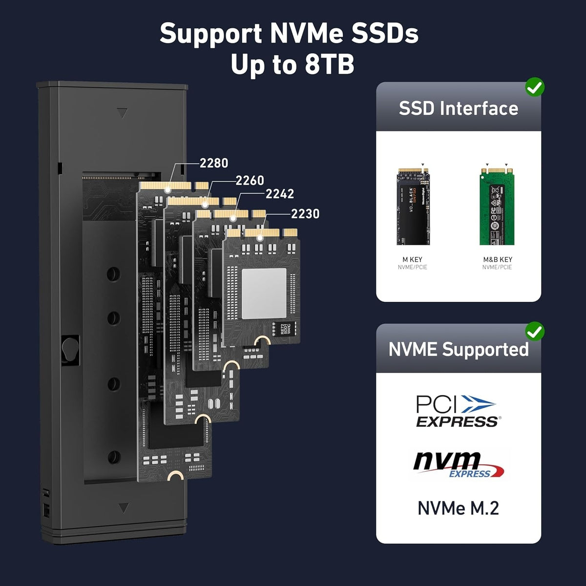 M.2 SSD Enclosure | USB3.2 Gen2 | 10Gbps | Tool-Free for NVME B & M Keys | Size 2230/2242/2260/2280 SSDs