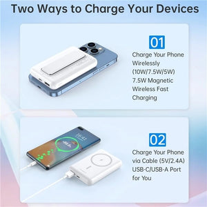 B662-WH USB-A + USB-C + Wireless Magnetic Power Bank | 5000mAh | White