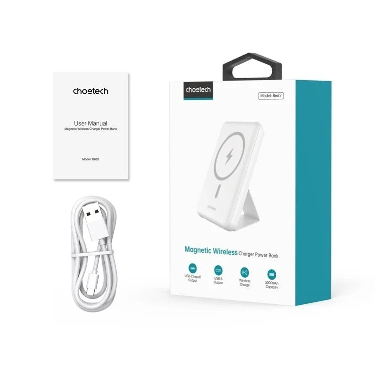 B662-WH USB-A + USB-C + Wireless Magnetic Power Bank | 5000mAh | White