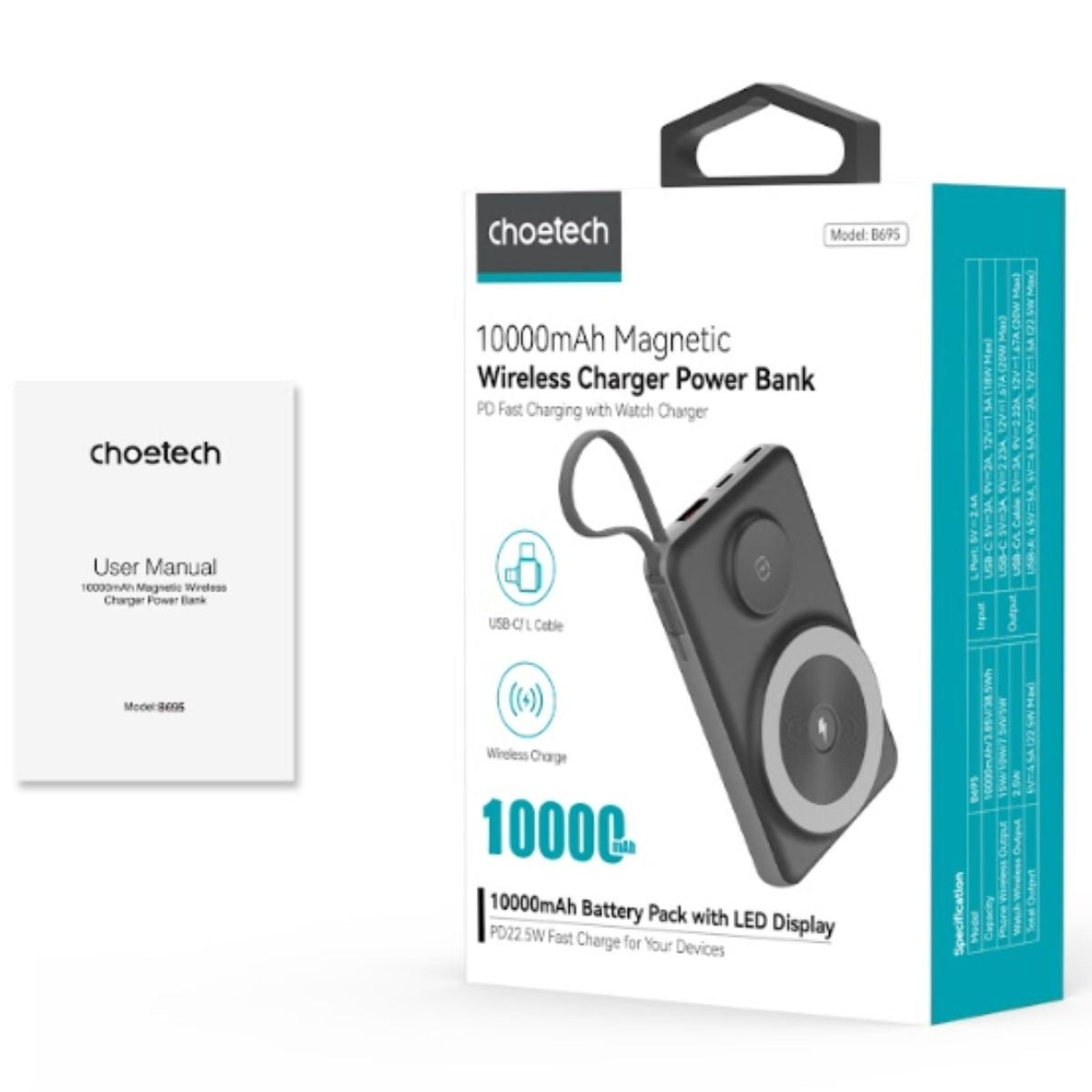 B695-BK 10000mAh 22.5W USB-A + USB-C x 2 | MagLeap Wireless Charge Power Bank | Black