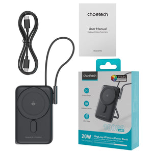CHOETECH B735-BK 10000mAh 20W MagLeap Wireless Power Bank | Black | Phone Holder | Build-in Cable