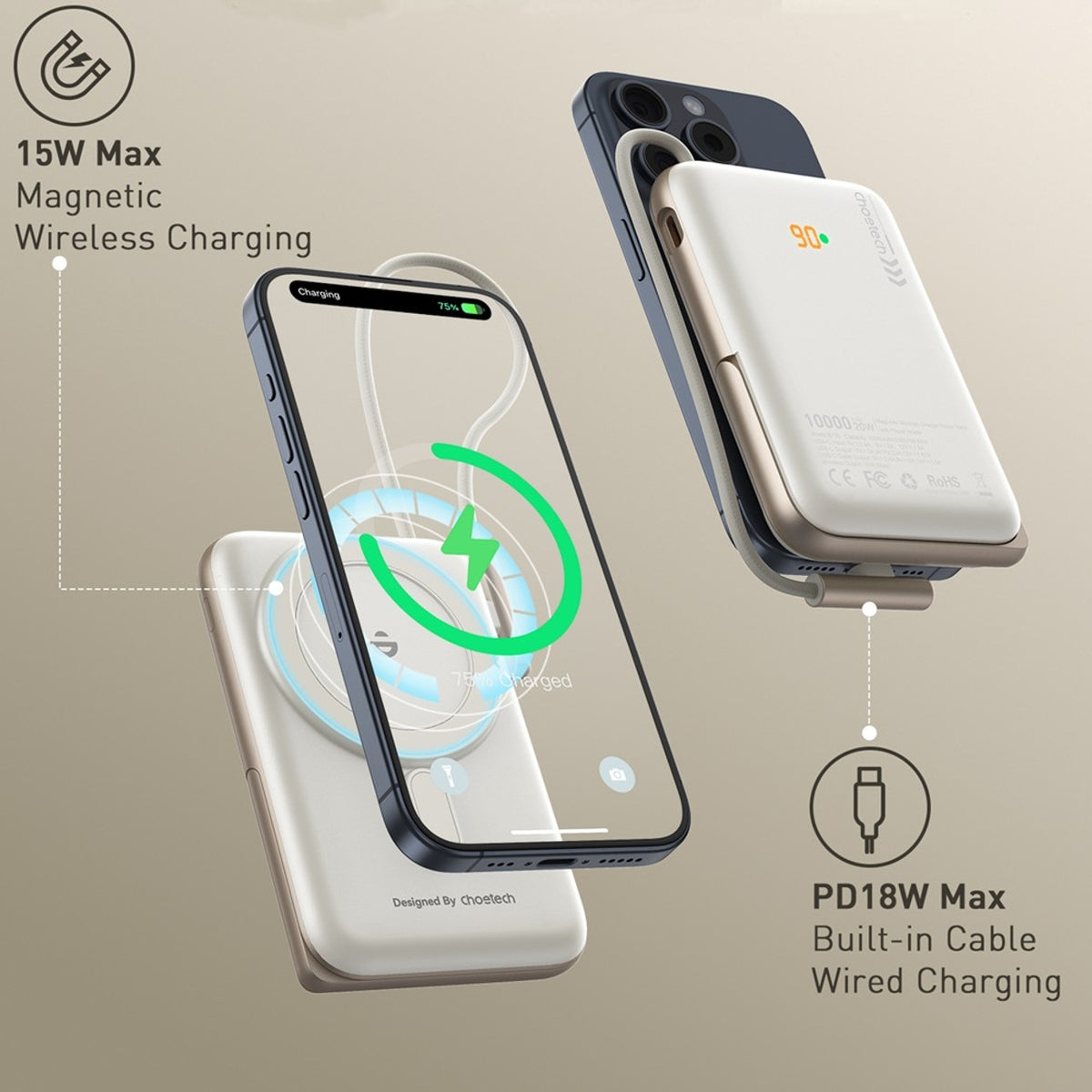 CHOETECH B735-WH 10000mAh 20W MagLeap Wireless Power Bank | White | Phone Holder | Build-in Cable