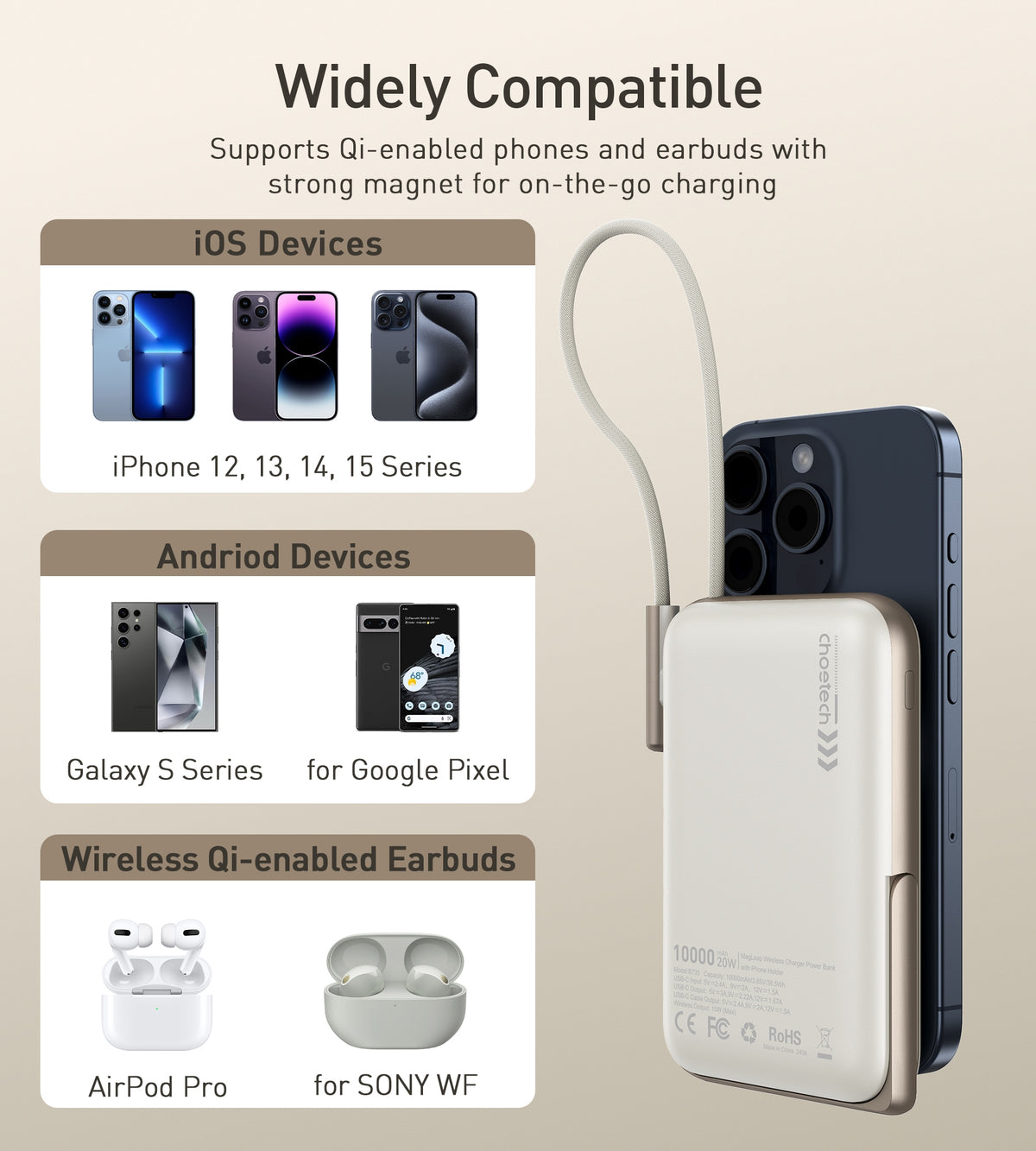 CHOETECH B735-WH 10000mAh 20W MagLeap Wireless Power Bank | White | Phone Holder | Build-in Cable