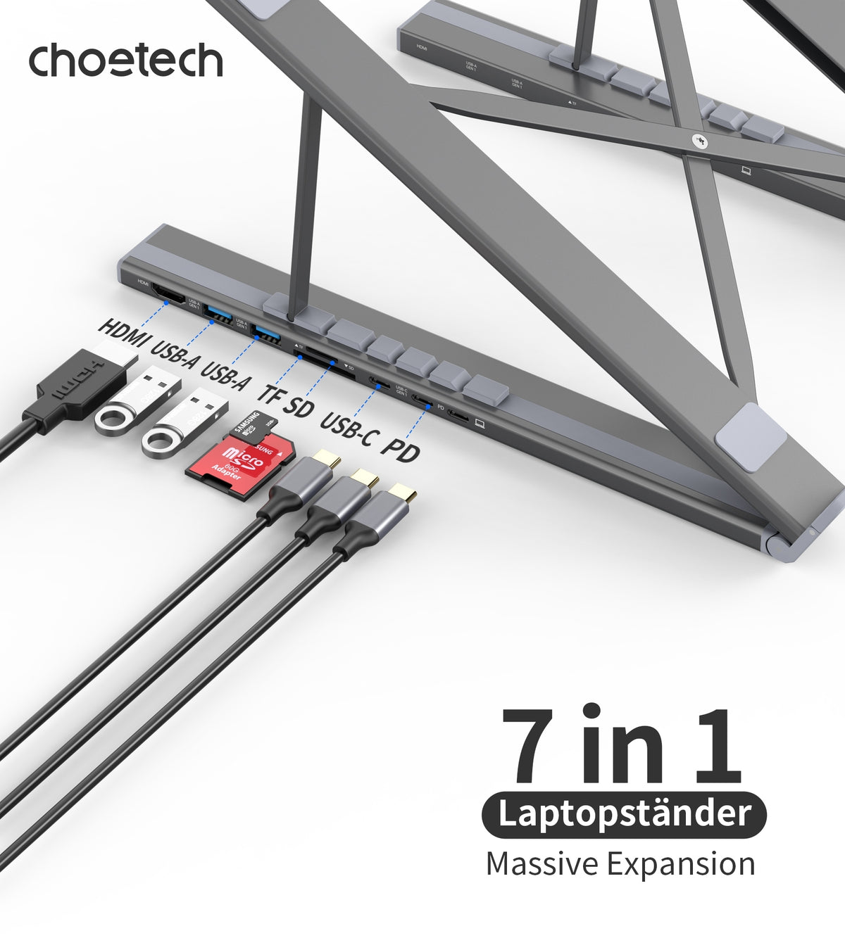 HUB-M48 7-in-1 Hub + Foldable Laptop Stand | USB-C to HDMI 4K | USB-A | TF&SD | USB-C with PD Charging