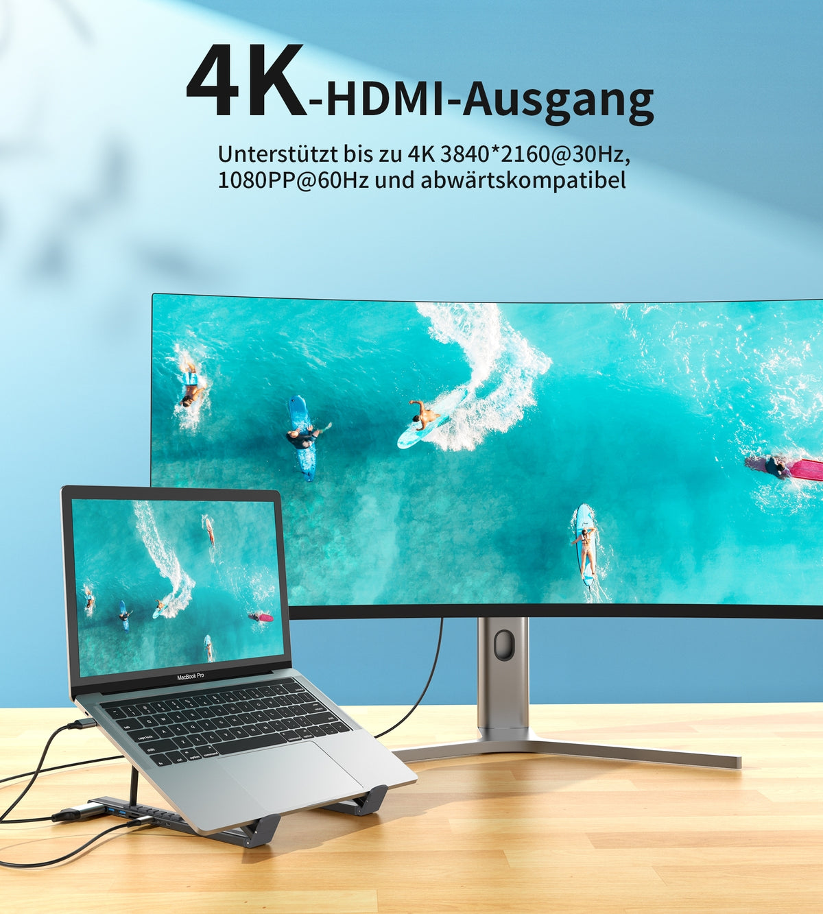 HUB-M48 7-in-1 Hub + Foldable Laptop Stand | USB-C to HDMI 4K | USB-A | TF&SD | USB-C with PD Charging