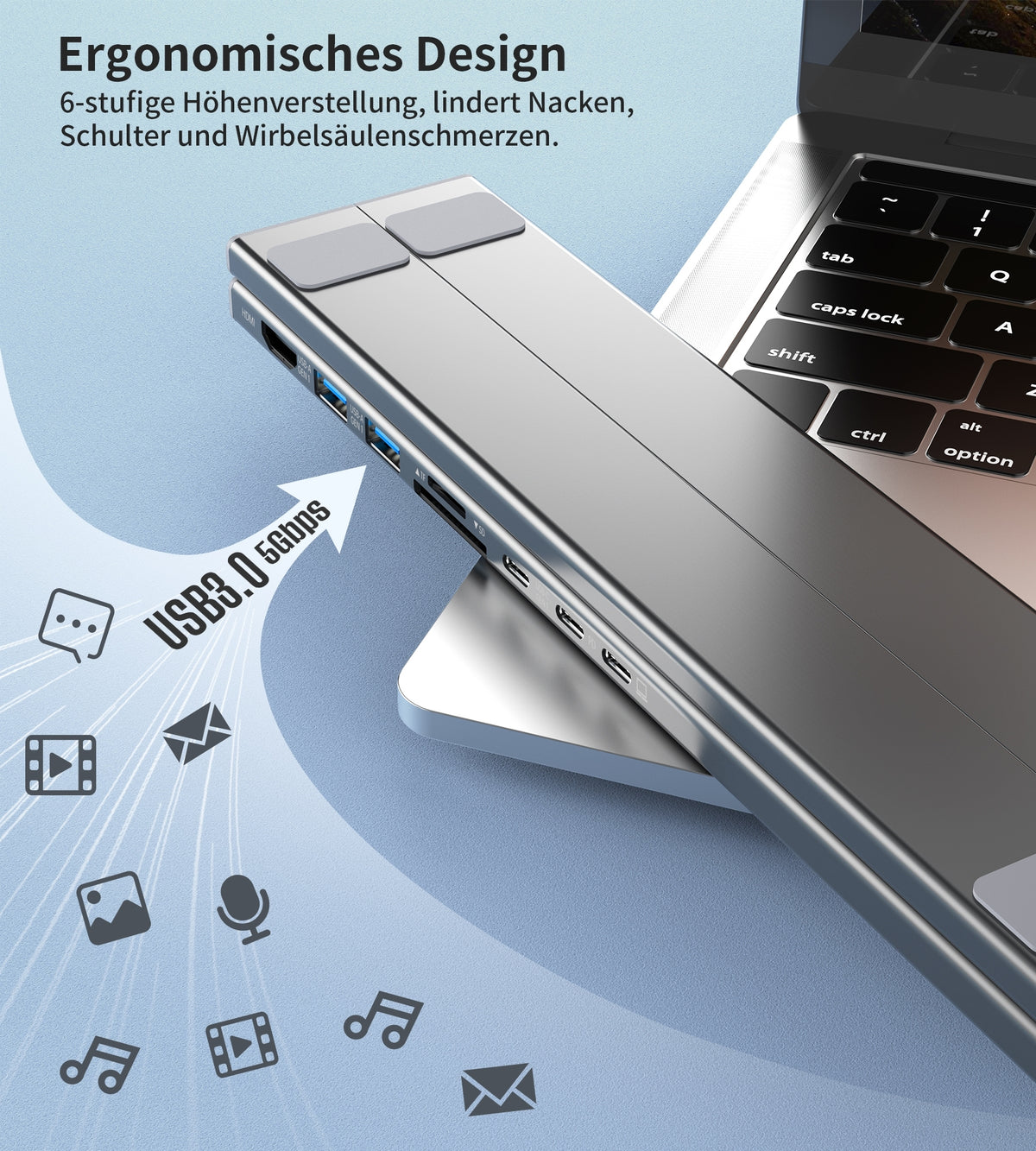 HUB-M48 7-in-1 Hub + Foldable Laptop Stand | USB-C to HDMI 4K | USB-A | TF&SD | USB-C with PD Charging