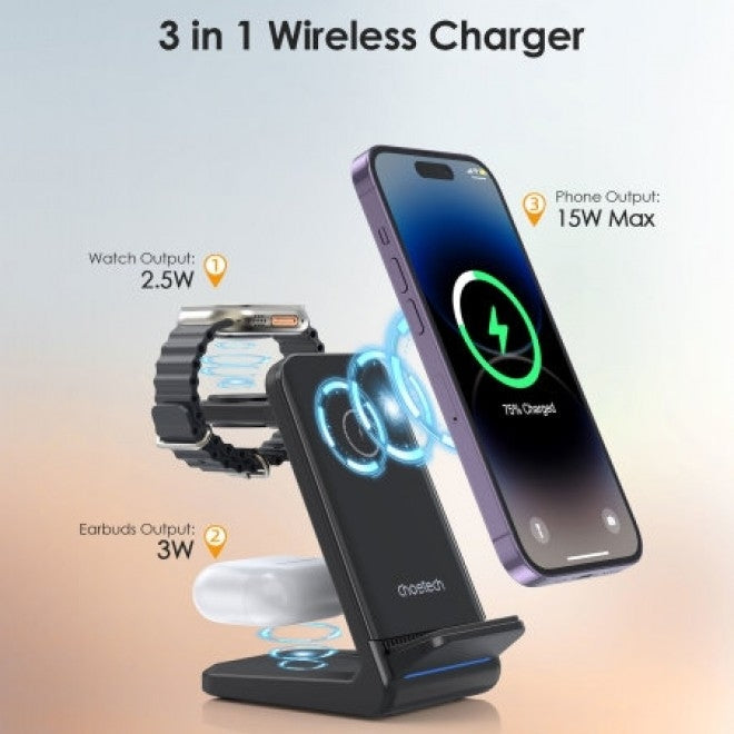 T608-F-BK 15W 4-in-1 Wireless Charger Stand | For iWatch & Samsung Watch | Black