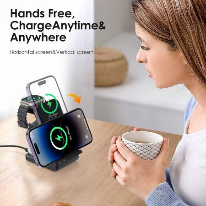 T608-F-BK 15W 4-in-1 Wireless Charger Stand | For iWatch & Samsung Watch | Black