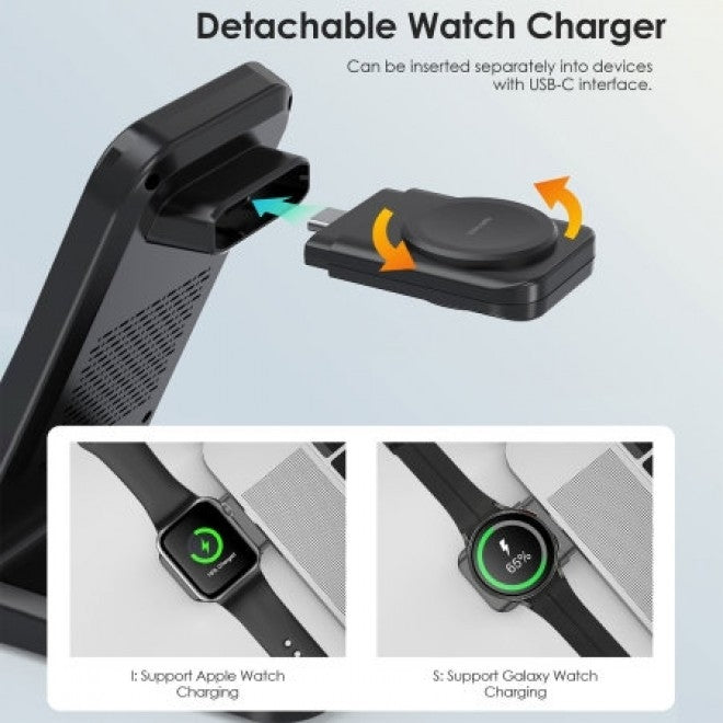 T608-F-BK 15W 4-in-1 Wireless Charger Stand | For iWatch & Samsung Watch | Black