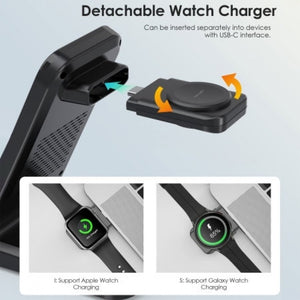 T608-F-BK 15W 4-in-1 Wireless Charger Stand | For iWatch & Samsung Watch | Black
