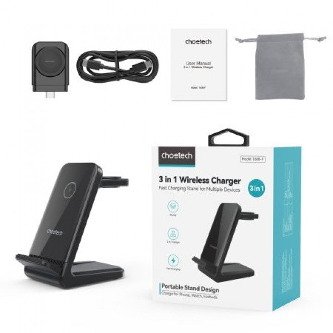 T608-F-BK 15W 4-in-1 Wireless Charger Stand | For iWatch & Samsung Watch | Black