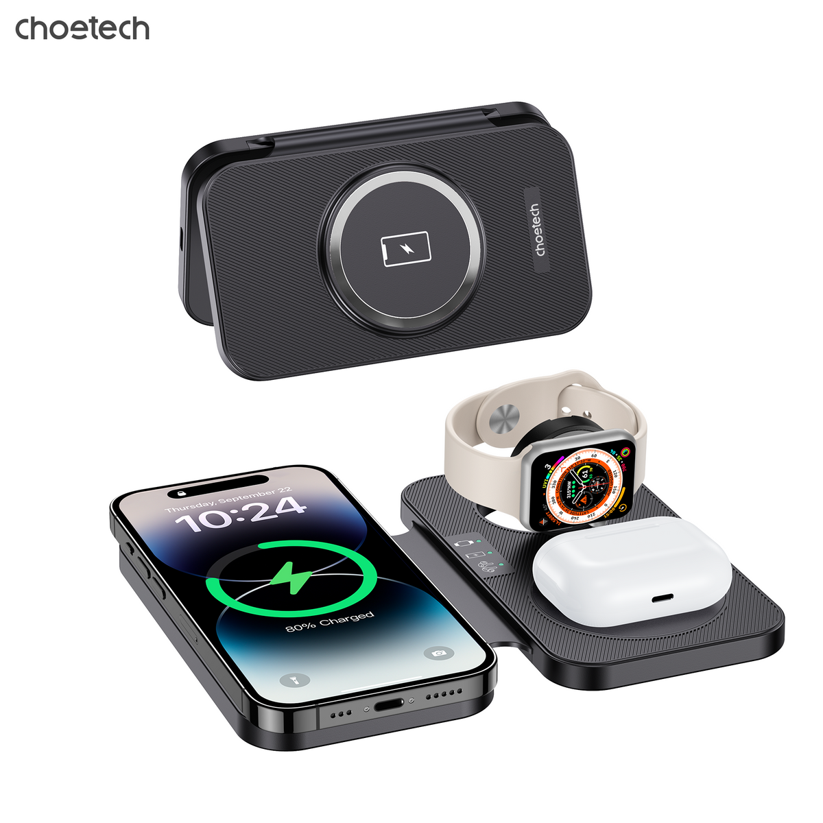T616-F-BK 3-in-1 Magnetic Foldable Wireless Charger | Black