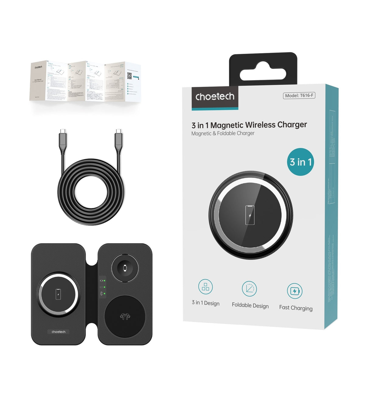 T616-F-BK 3-in-1 Magnetic Foldable Wireless Charger | Black