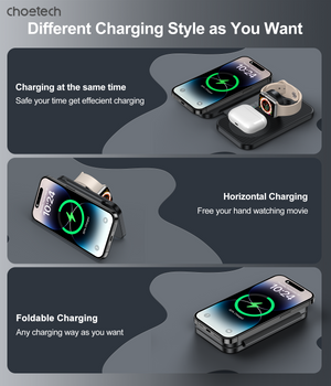 T616-F-BK 3-in-1 Magnetic Foldable Wireless Charger | Black