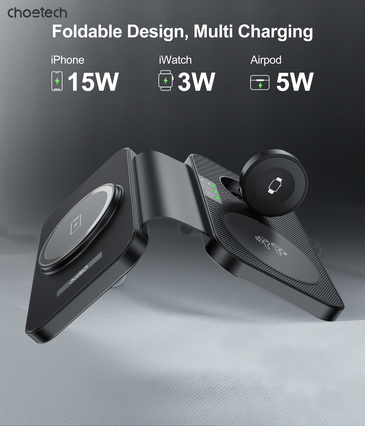 T616-F-BK 3-in-1 Magnetic Foldable Wireless Charger | Black