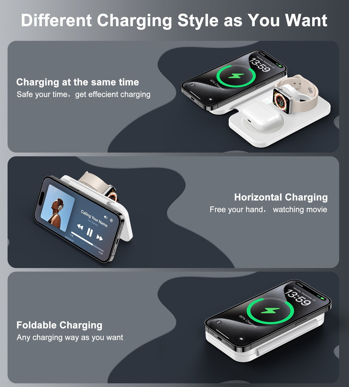 T616-F-WH 3-in-1 Magnetic Foldable Wireless Charger | White