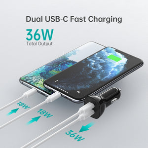 TC0008-BK Dual USB-C 36W Car Charger Adapter | Black
