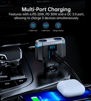 CHOETECH TC0020 Car Charger | 45W | 2 Sockets + 2x USB-C + 1x USB-A | Cigarette Lighter Splitter
