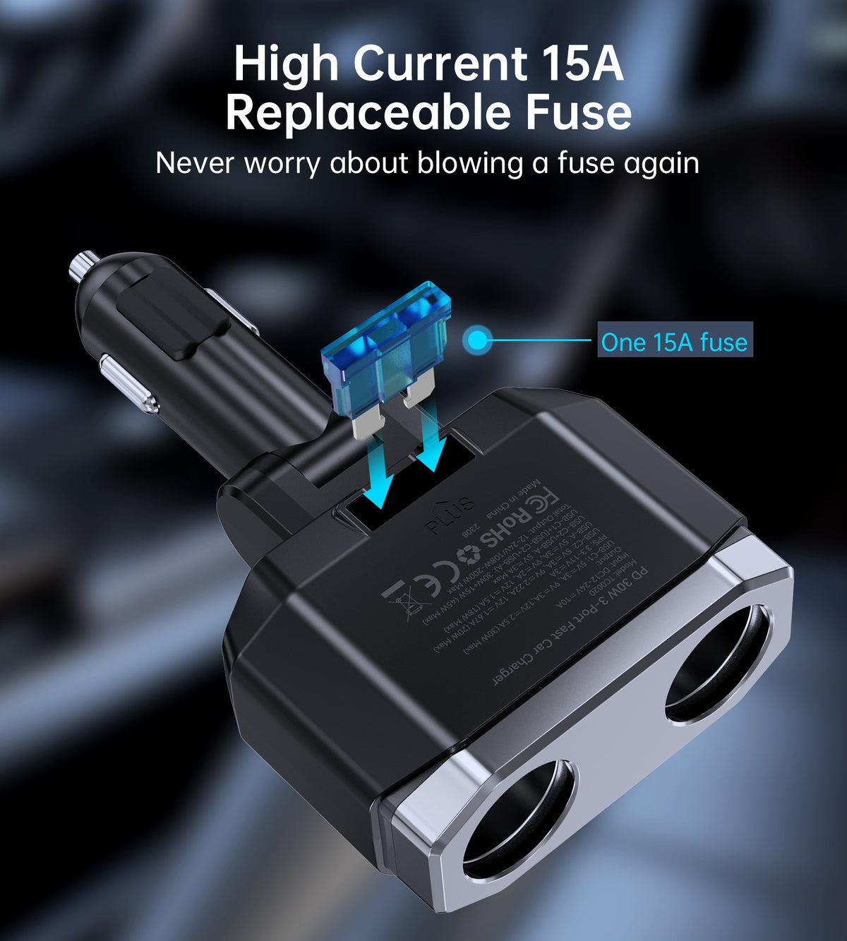 CHOETECH TC0020 Car Charger | 45W | 2 Sockets + 2x USB-C + 1x USB-A | Cigarette Lighter Splitter