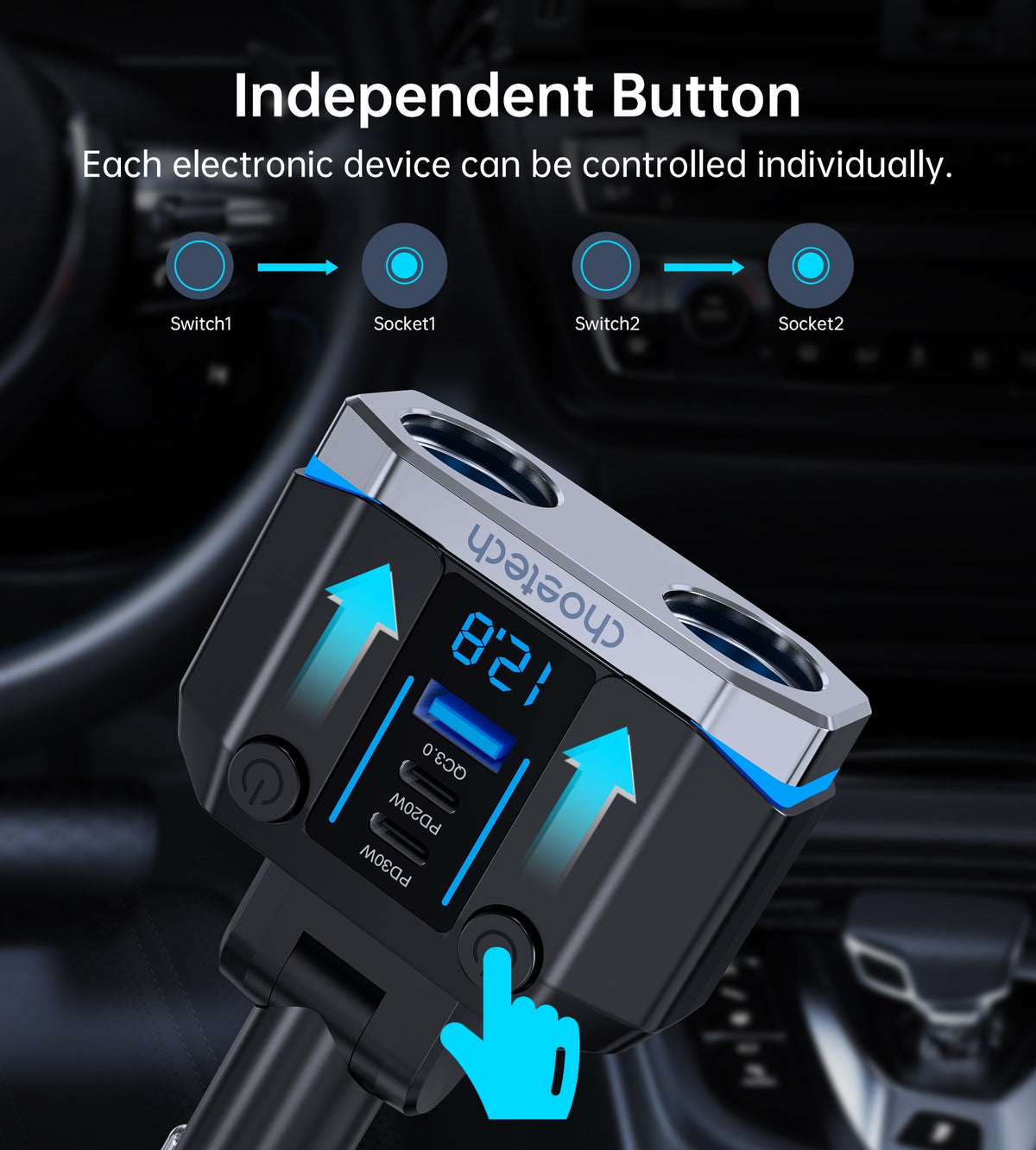 CHOETECH TC0020 Car Charger | 45W | 2 Sockets + 2x USB-C + 1x USB-A | Cigarette Lighter Splitter