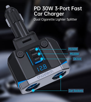 CHOETECH TC0020 Car Charger | 45W | 2 Sockets + 2x USB-C + 1x USB-A | Cigarette Lighter Splitter