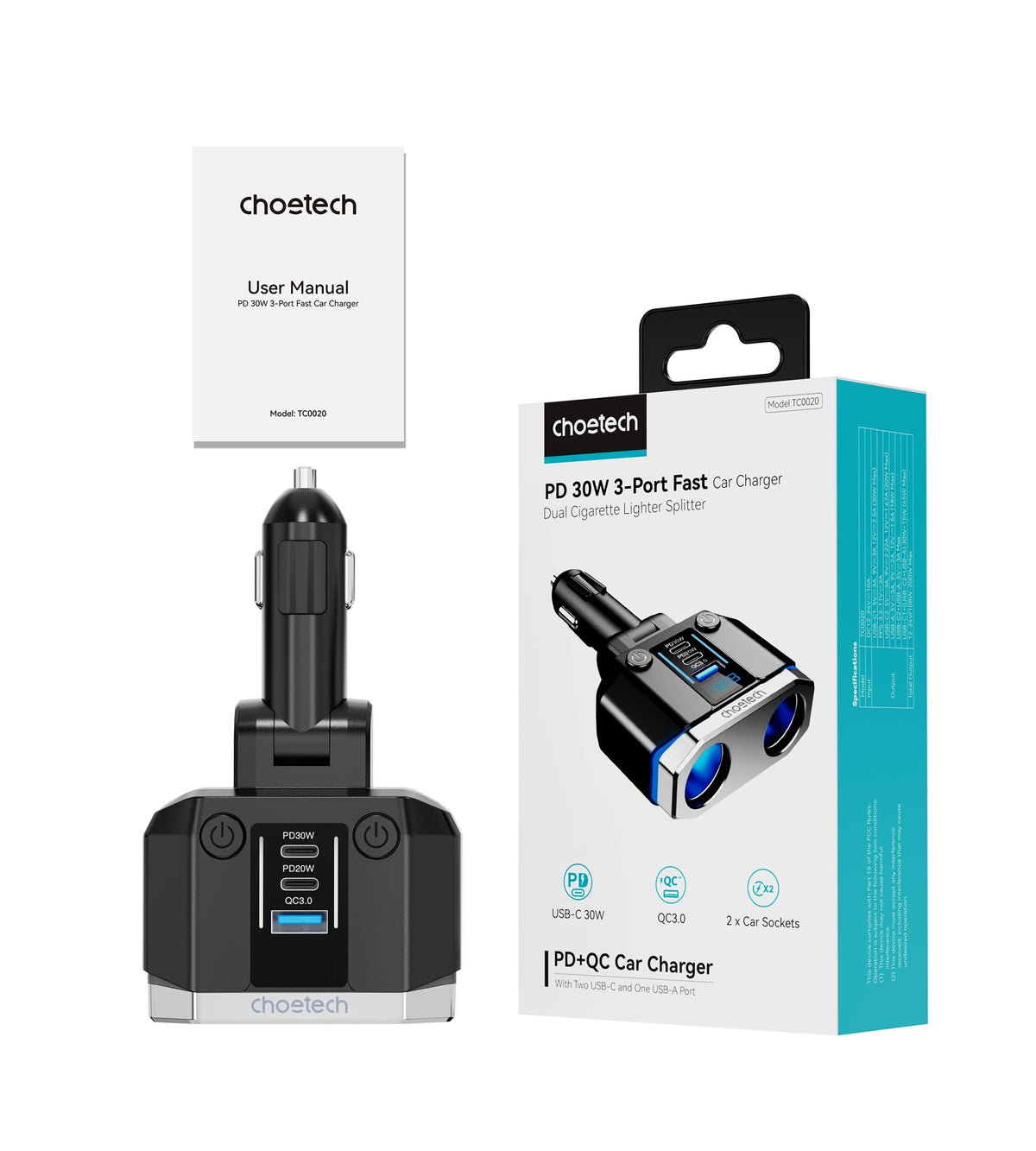 CHOETECH TC0020 Car Charger | 45W | 2 Sockets + 2x USB-C + 1x USB-A | Cigarette Lighter Splitter
