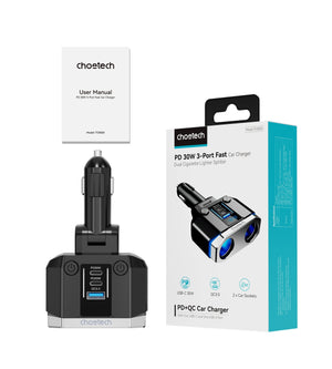 CHOETECH TC0020 Car Charger | 45W | 2 Sockets + 2x USB-C + 1x USB-A | Cigarette Lighter Splitter