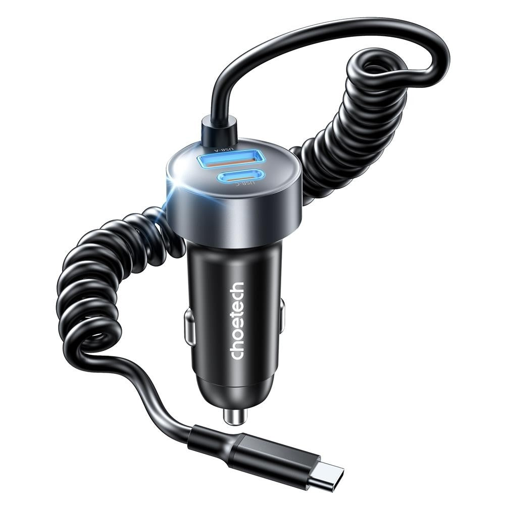 CHOETECH TC0030 65W 3-Port Fast Car Charger | 3.3ft Type-C Stretchable Cable