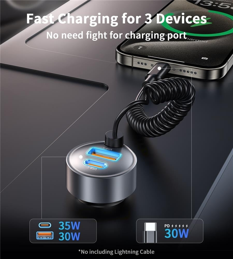 CHOETECH TC0030 65W 3-Port Fast Car Charger | 3.3ft Type-C Stretchable Cable