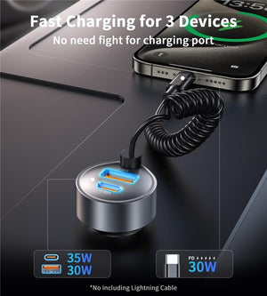 CHOETECH TC0030 65W 3-Port Fast Car Charger | 3.3ft Type-C Stretchable Cable
