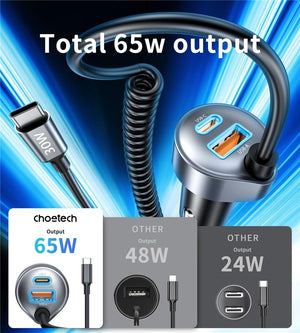 CHOETECH TC0030 65W 3-Port Fast Car Charger | 3.3ft Type-C Stretchable Cable