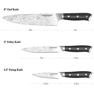 Warmot 3-Piece High Carbon Stainless Steel Cooking Knife Set | Triple Riveted Handle | With Gift Box | Model 997-3