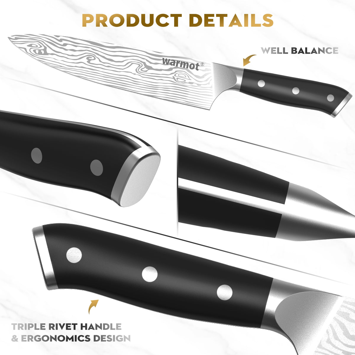 Warmot 3-Piece High Carbon Stainless Steel Cooking Knife Set | Triple Riveted Handle | With Gift Box | Model 997-3