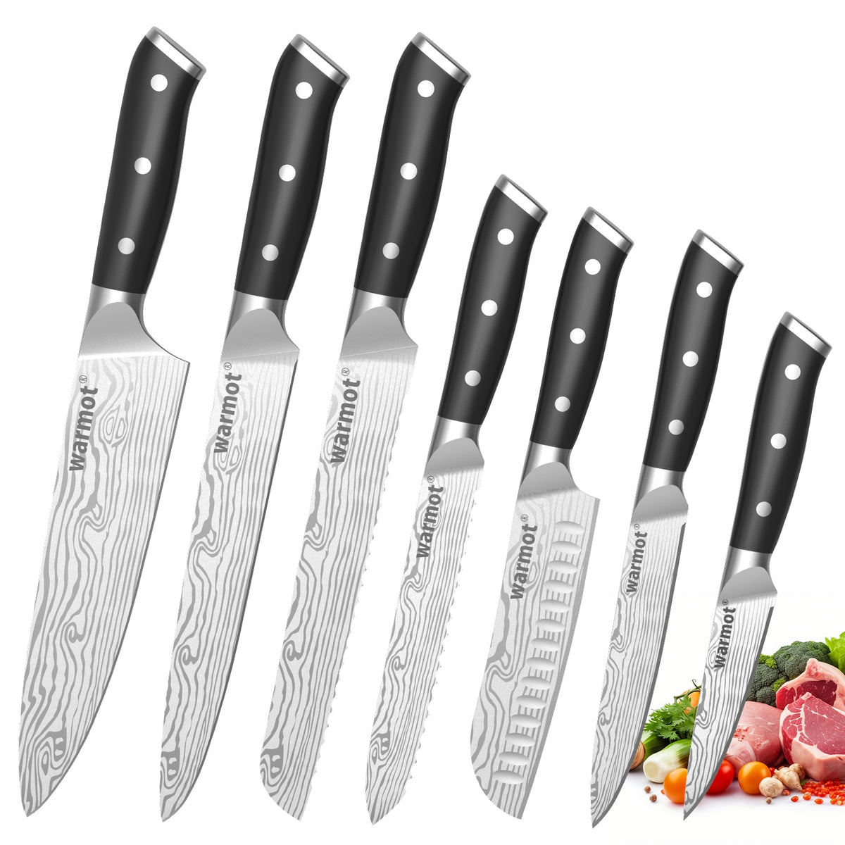 Warmot 7-Piece High Carbon Stainless Steel Cooking Knife Set | Triple Riveted Handle | With Gift Box | Model 997-7