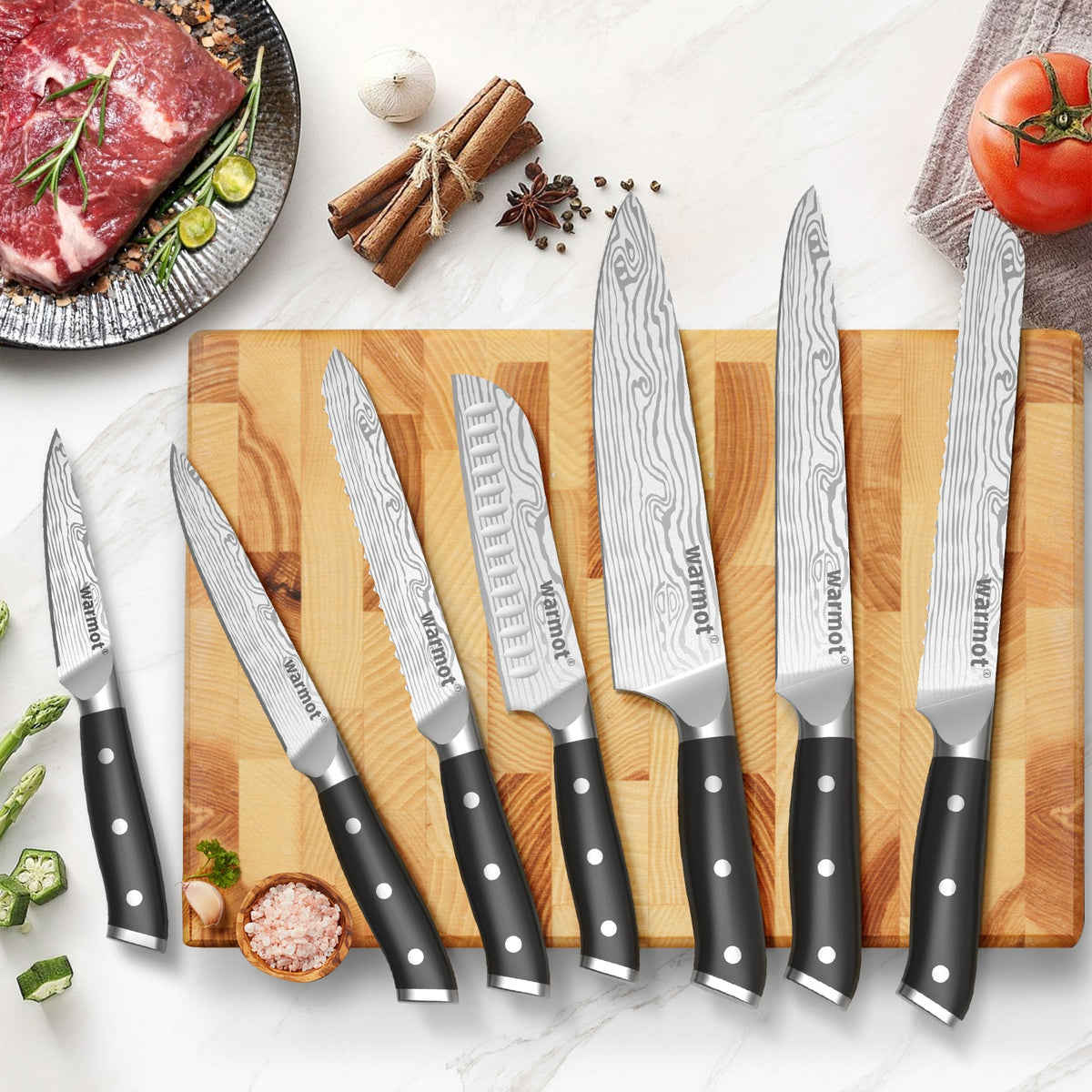 Warmot 7-Piece High Carbon Stainless Steel Cooking Knife Set | Triple Riveted Handle | With Gift Box | Model 997-7