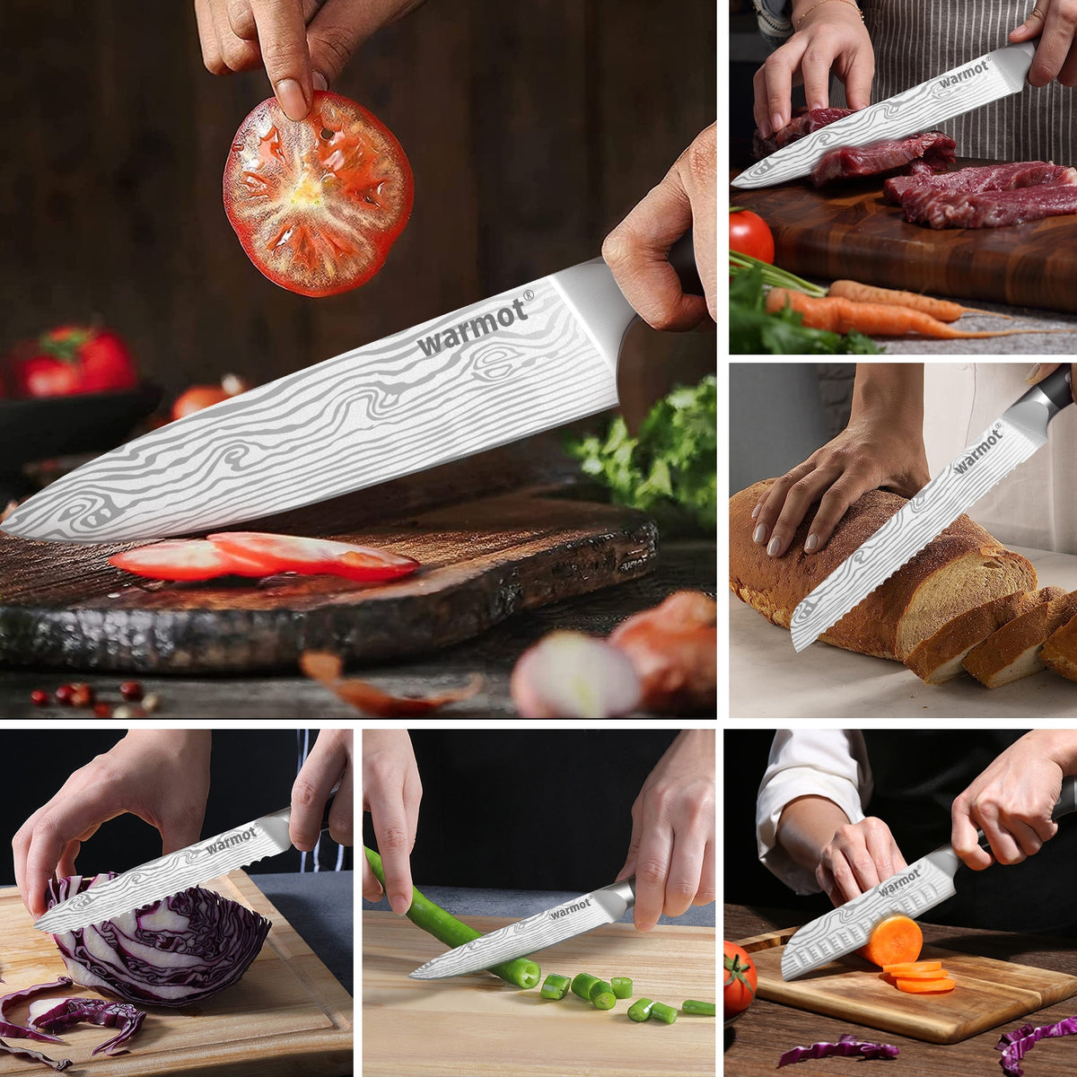 Warmot 7-Piece High Carbon Stainless Steel Cooking Knife Set | Triple Riveted Handle | With Gift Box | Model 997-7